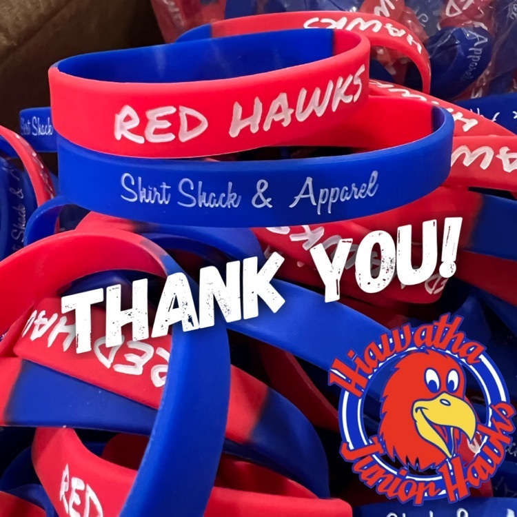 Thank you @hiawathashirtshack for the amazing donation of the wristbands for our students and staff for spirit week! 😍 ❤️💙 . . . . #HESRedHawks #ThankYou #VisitHiawatha 
