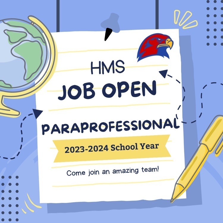 HMS is looking for a paraprofessional for the 23-24 school year applicants can apply here: https://www.applitrack.com/hiawathaschools/onlineapp/ Look on the left hand side under vacancies  #HMSRedHawks #helpwanted #workWednesday 
