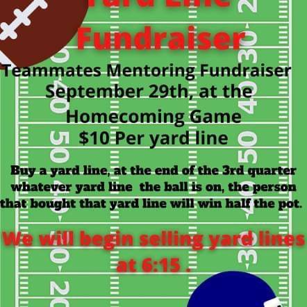 Yard Line Fundraiser Teammates Mentoring Fundraiser September 29th, at the Homecoming game $10 per yard line Buy a yard line, at the end of the 3rd quarter whatever yard line the ball is on, the person that bought that yard line will win half the pot. We will begin selling yard lines at 6:15 All proceeds will go to the Teammates Mentoring Program of Hiawatha 🔵 #HESRedHawks #HMSRedHawks #HHSRedHawks #HHSRedHawkAlumni #USD415 #RedHawkReady #Hiawathaks #HiawathaKansas #VisitHiawatha 🔴🔵 